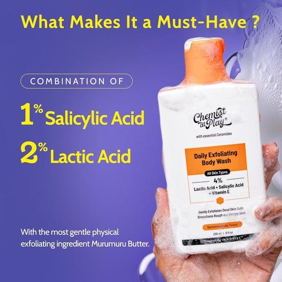 Chemist At Play 1% Salicylic Acid Exfoliating Body Wash | Enriched with Vitamin E & Murumuru | Gentle Exfoliating Shower Gel | 236ml (Pack of 3)