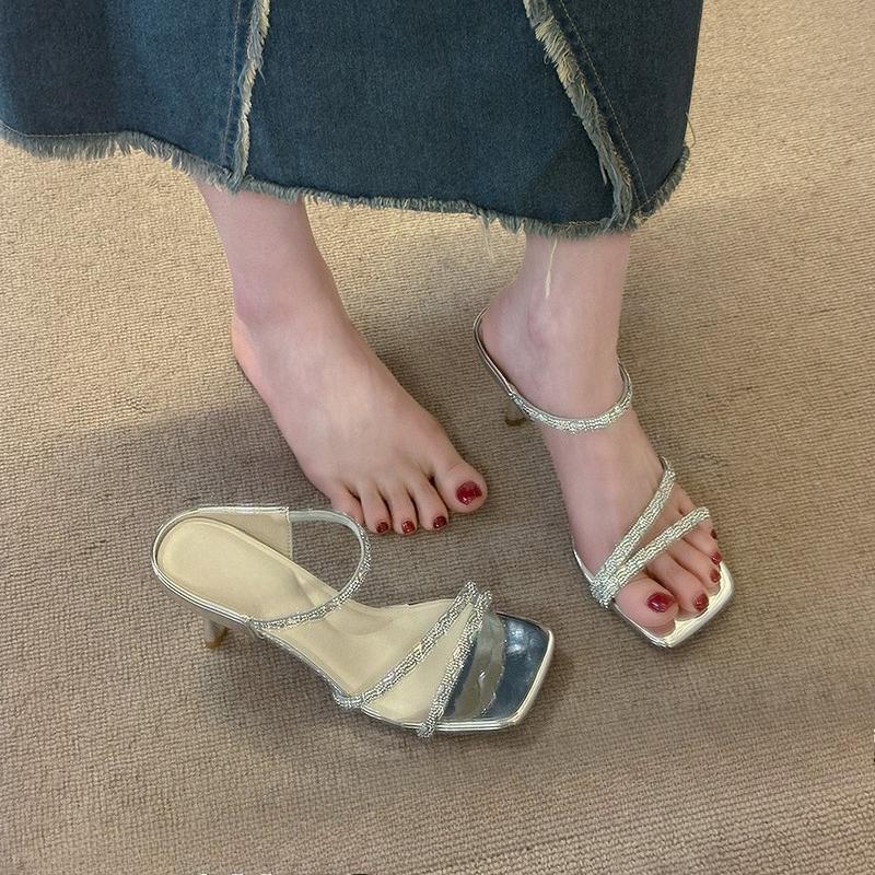 Fashion New Summer Stiletto Sandals Women's Fashion Square Head Open Toe Glitter Thin Strap Set Foot Anti-slip Wear-resistant High Heels