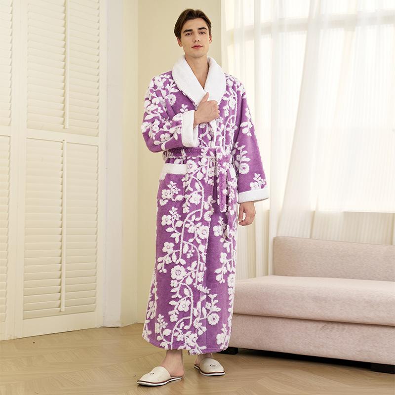 Men's Winter Shawl Collar Plush Fleece Bathrobe Soft Warm Long Sleeve Robe with Pockets Spa Robes for Men Comfortable Fluffy Homewear Sleepwear