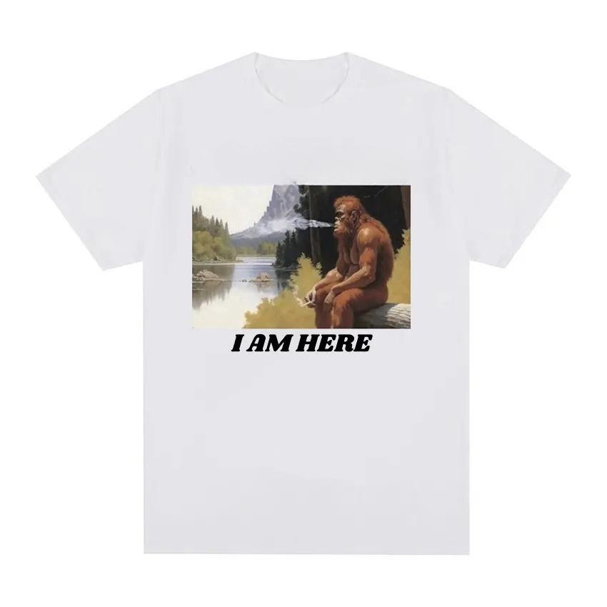 I Am Here Monkey Funny Meme Pattern T-shirt Men's and Women's Retro Fashion Short Sleeved T-shirt Y2k Clothing Couple Outfit