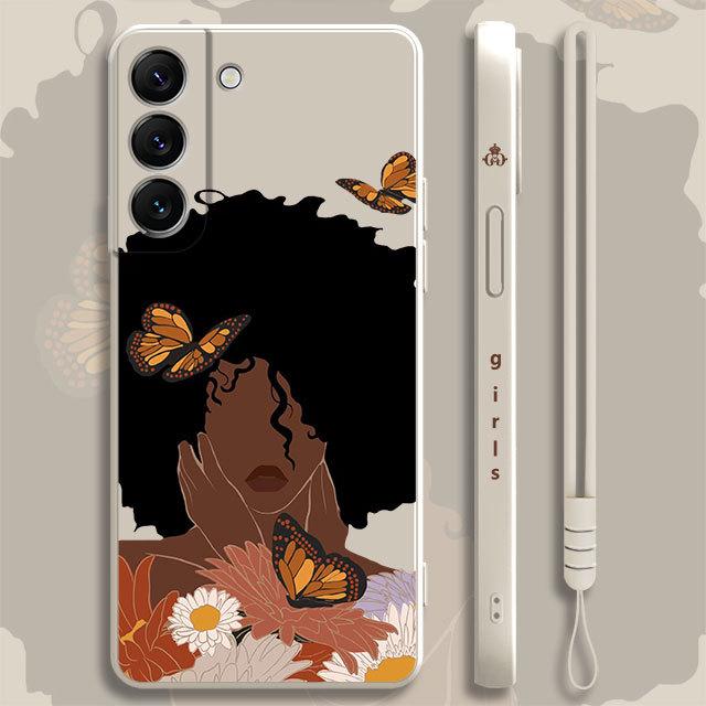 Pretty African Girl Daisy Flower Butterfly Liquid Case For Samsung Galaxy S22 S21 S20 Fe Ultra S10 S9 S8 Plus S10e Note 20 Lite