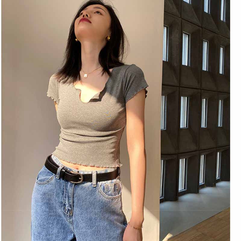 WTEMPO Chic T Shirt Frauen Korea Stil Crop Top Taste Tees Slim Fit Dame Kurzarm T-Shirt Straße Tragen Harajuku Hemd