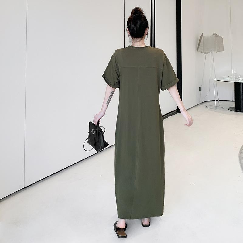 Retro Hepburn Style Plus Size Zipper Dress - Solid Color, Loose Fit Long Dress for Women