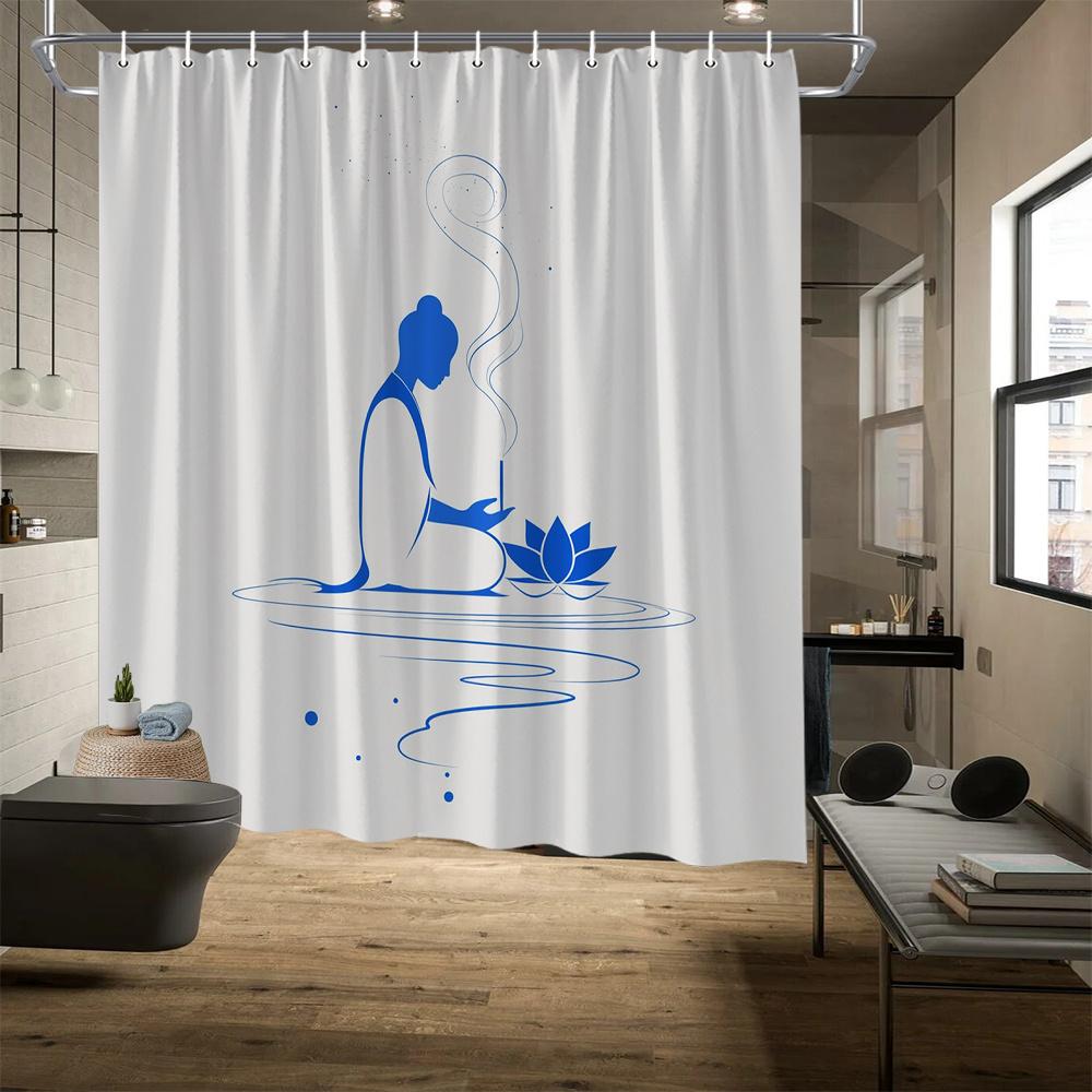 Meditative Pose Shower Curtain, Blue Monochrome Lotus Flower Design, Reflective Calm Theme, Fade-Resistant, Stylish Bath Decor