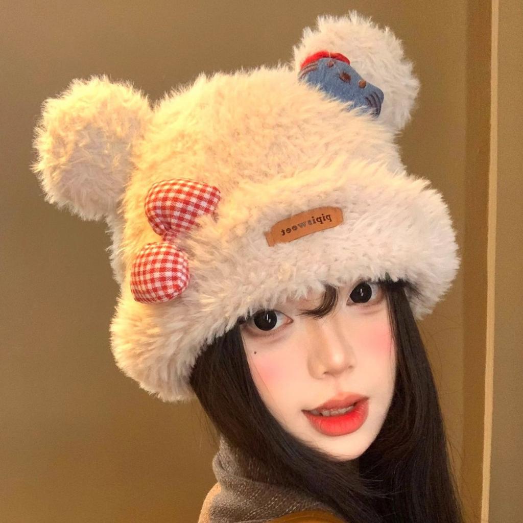 Cute Kitty Cat Plush Knitted Hat Women's Thickened Warm and Cold Woolen Hat Showing Small Face Ear Protection Hat