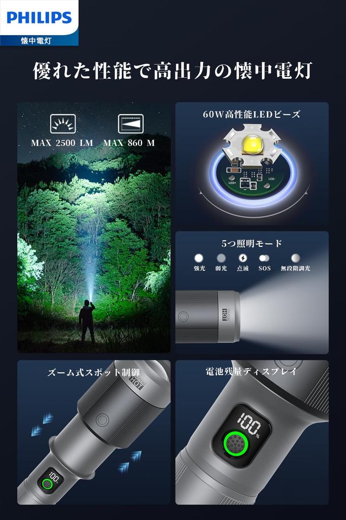 PHILIPS SFL5102 LED 2500 860 Meter 5 Dimmstufen Fokus IP55 Aluminiumlegierung Perfekt für Outdoor Katastrophen und Stromausfälle Taschenlampe, Groß,