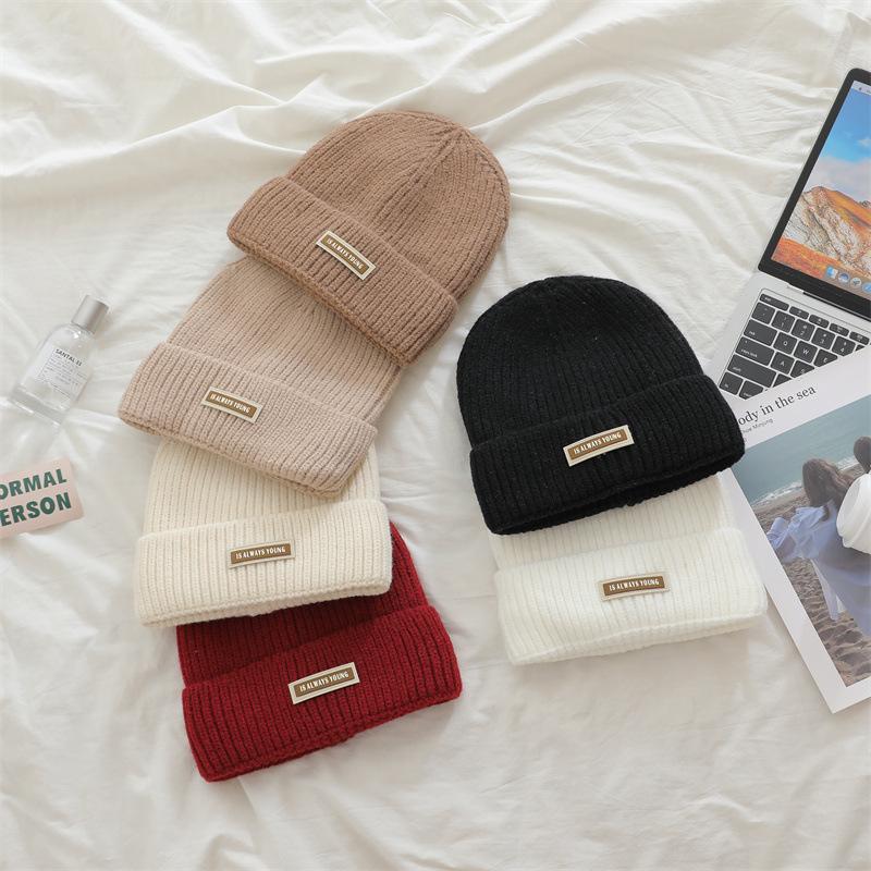 Korean Pearl Bow Wool Hat for Women Plus Velvet Thickened Warm Knitted Hat Letter Labeled Same Style for Men and Women