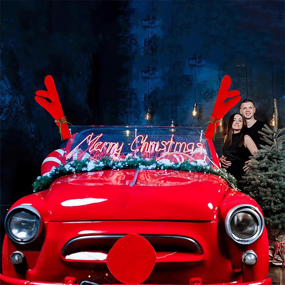 Christmas Car Decoration Reindeer Antlers Kit with Red Nose and Bell Navidad Rudolph Accessory Christmas Holiday Atmosphere Gift