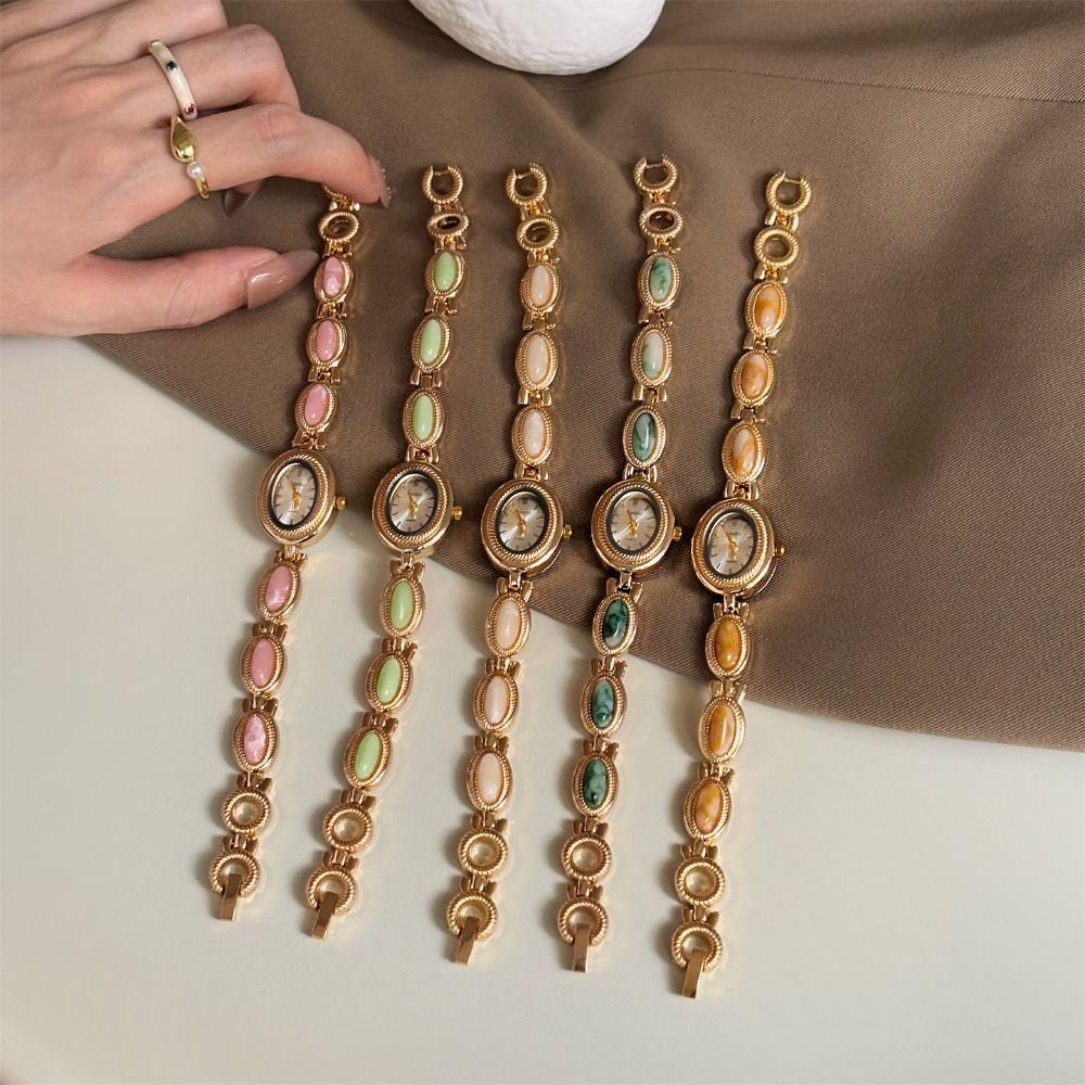 Oval Wristwatch Colored Gemstones Quartz Watch Vintage Ladies Watch