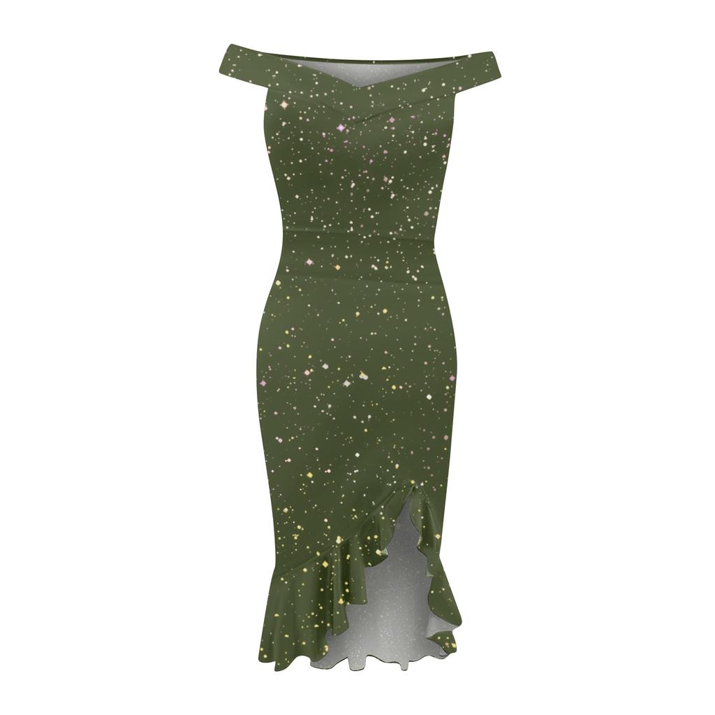 Women's Fashion Sexy Summer Off Shoulder Short Sleeve Sequin Ruffle Irregular Dresses