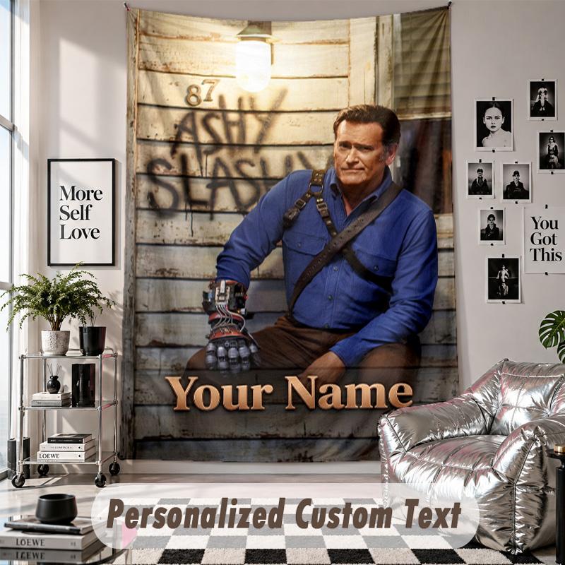 Custom Tapestry Wall Hanging, Evil Dead Ash Williams Personalized Name Text Home Wall Decor