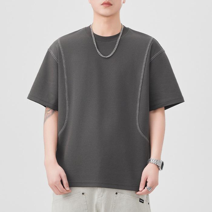 New Summer Short-sleeved T-shirt for Men's Bright Line Loose Five-point Sleeve T-shirt Casual Japanese Retro