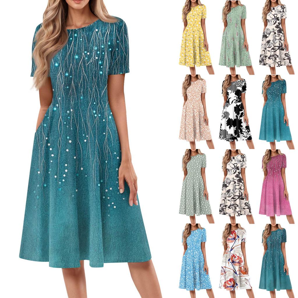Women's Casual Fashion Round Neck Short Sleeve Floral Printed Midi Dresses