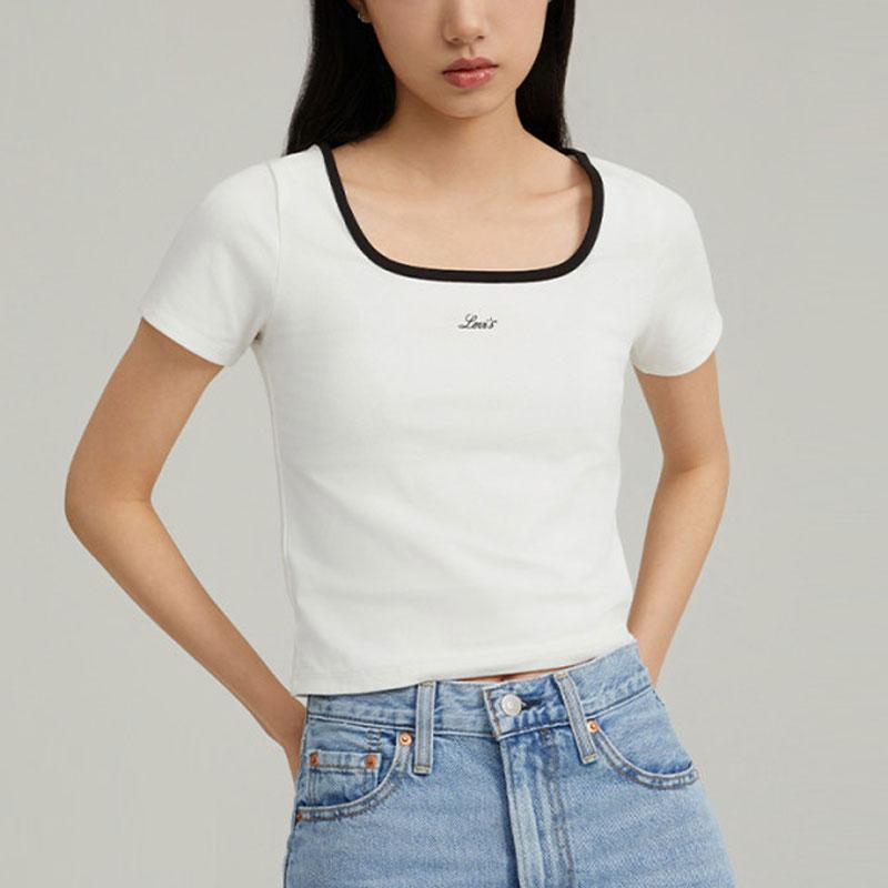 Levis SS24 Summer Collection Letter Jacquard Square Neck Comfortable Short Sleeve T-Shirt Women Tops White 0019T-0000