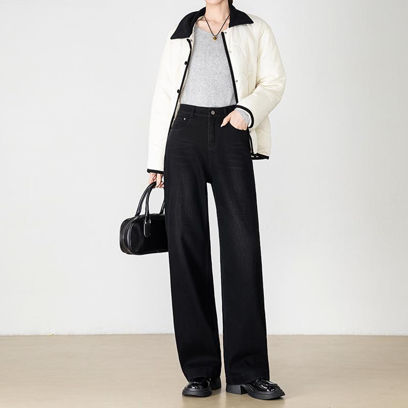 Fleece Thickened Black Straight Jeans Women's Commuter Daily Casual Autumn and Winter Warm Pants