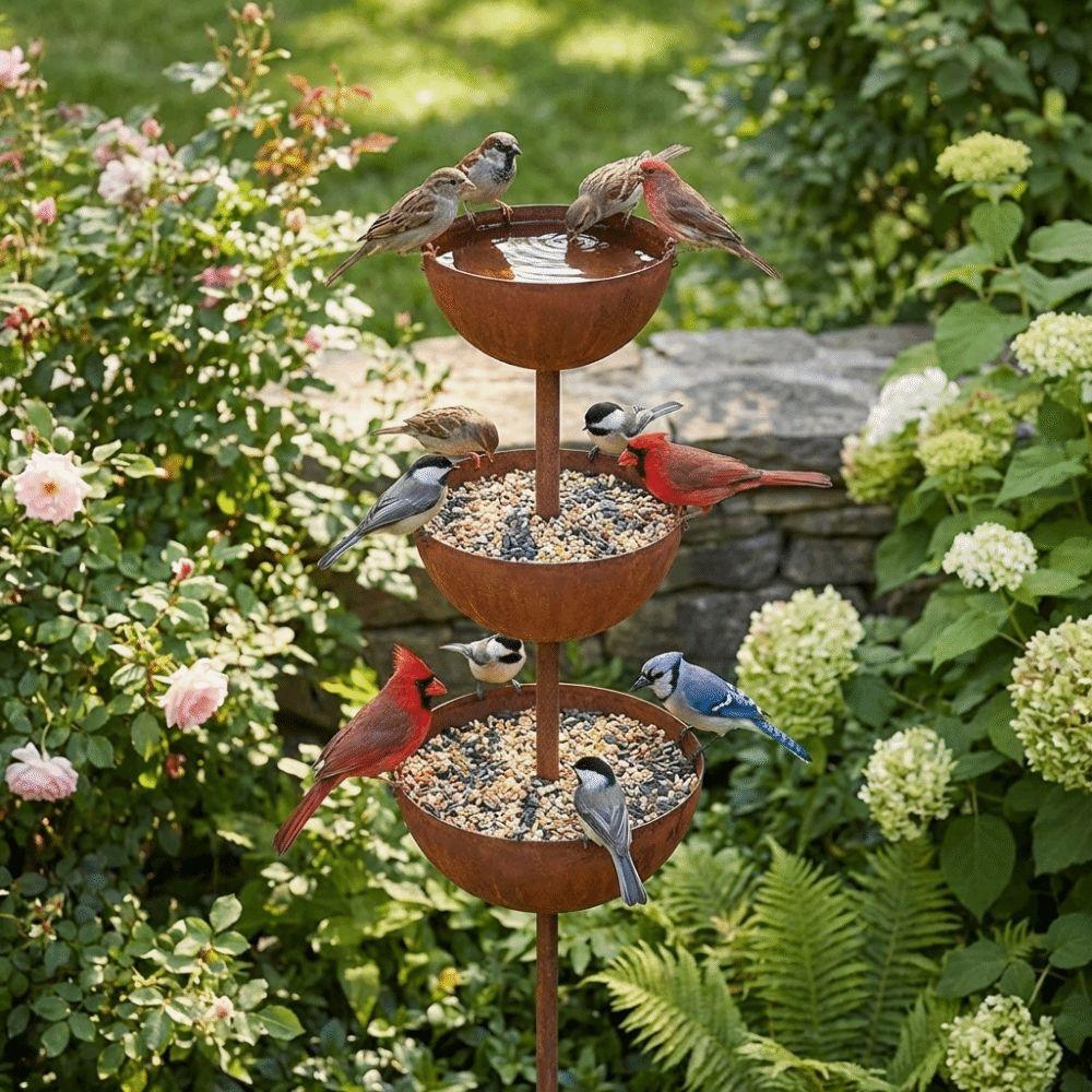 Vintage Iron Bird Water Dispenser 3-Tier Bowl Garden Rain Catcher Outdoor Garden