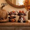 Fine Carving Wood Art 2PCS Highland Cow Ornament, Wooden Rustic Style Figurine, Thanksgiving Home Decoration Theme Art, for Entrance Living Room Decor