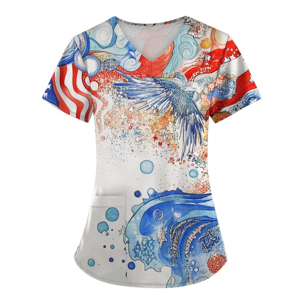 Dámská móda Tištěné overaly s krátkým rukávem a kapsami Horní díl Oblečení