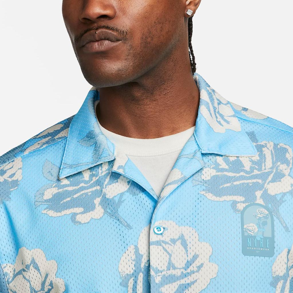 Nike Rose City Mesh Button Floral Print Casual Short Sleeve Shirt Men Shirts Blue FJ1650-499