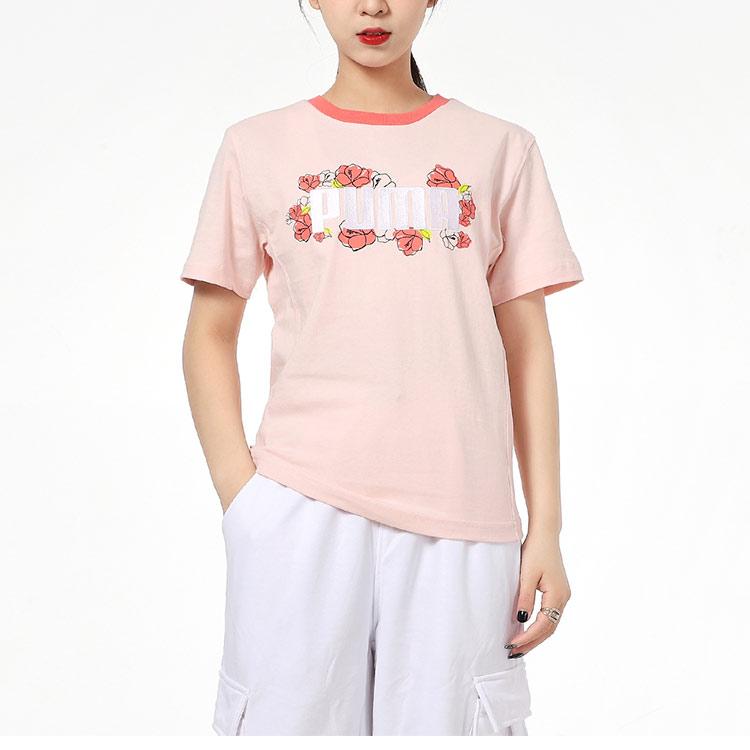 Puma Logo Print Sports Round Neck Short Sleeve T-Shirt Women Tops Pink 532042-27