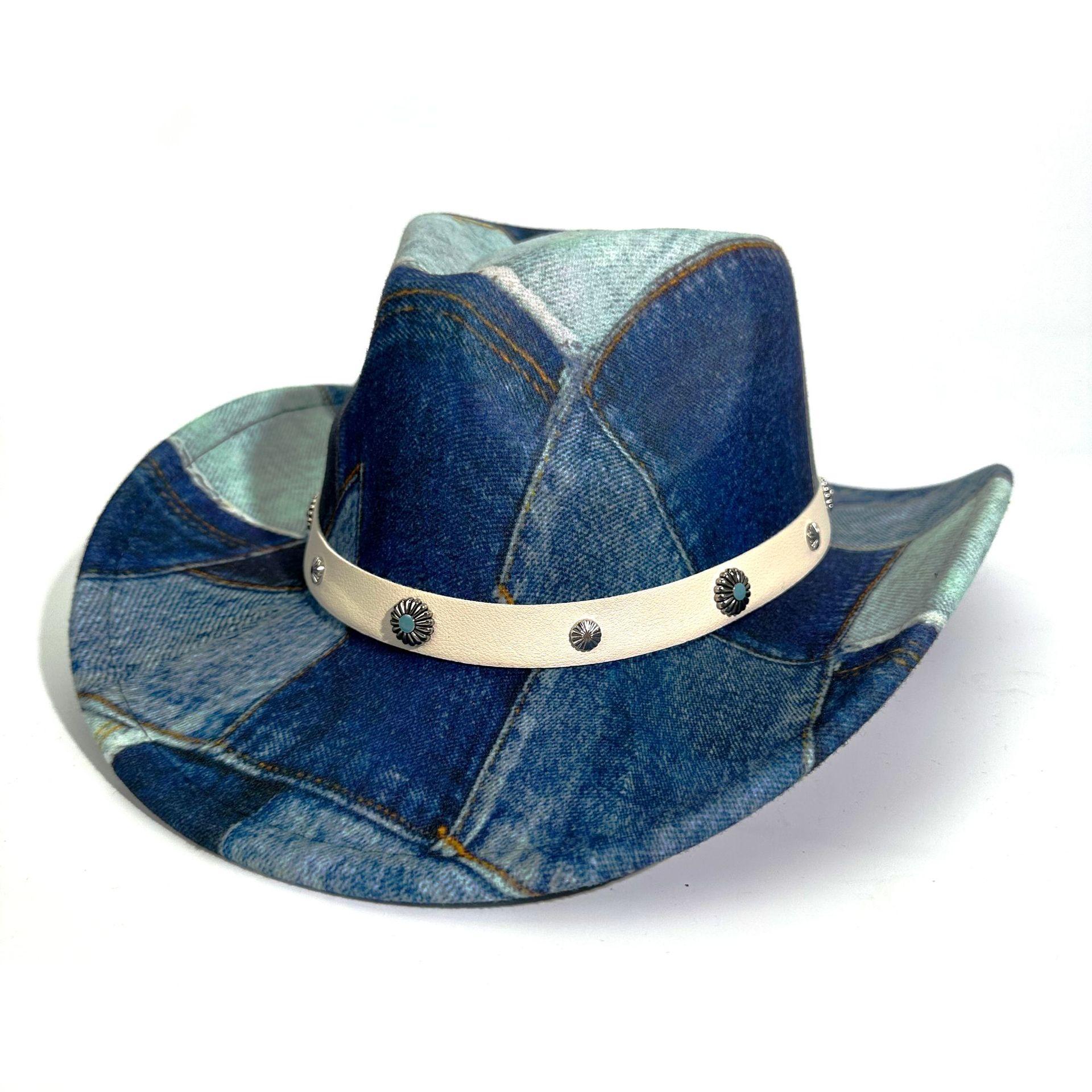 

Peach Heart Top Splicing Mixed Color Western Cowboy Hat Men S And Women S Belt Decorative Jazz Hat Top Hat M（56-58cm） темно-синього кольору