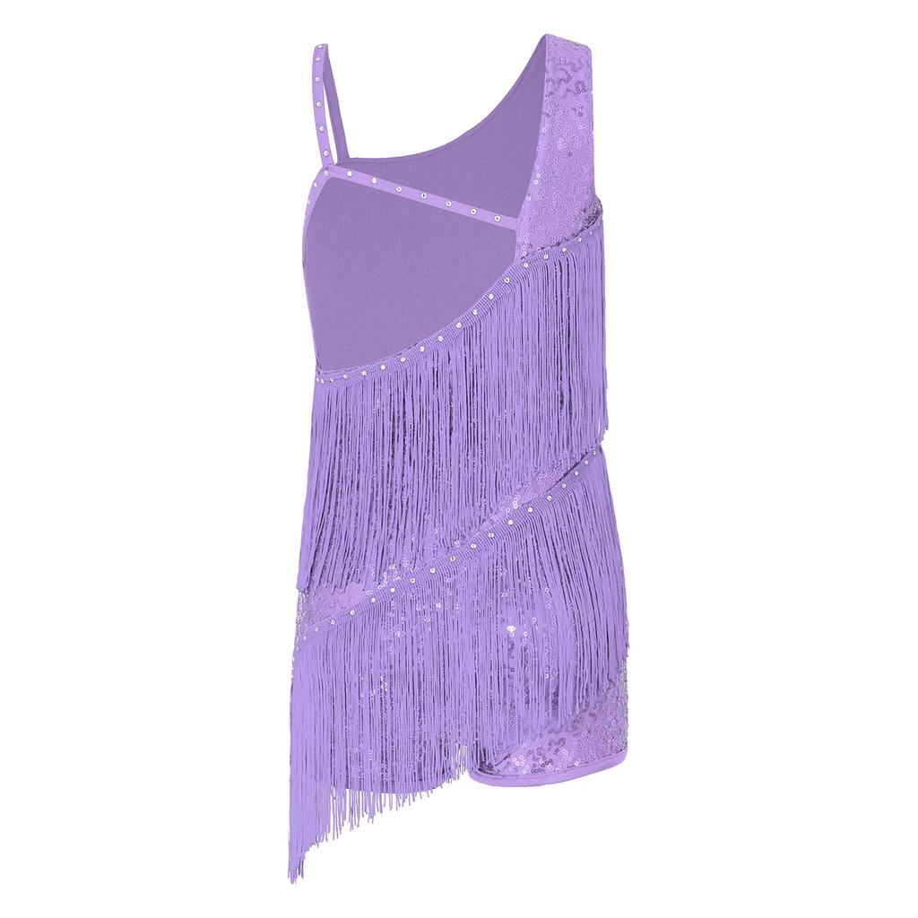 Ärmellose Asymmetrische Schulter Glitzernde Pailletten Strass Verzierter Quasten Shorts Unterteil Latein Tanz Leotards