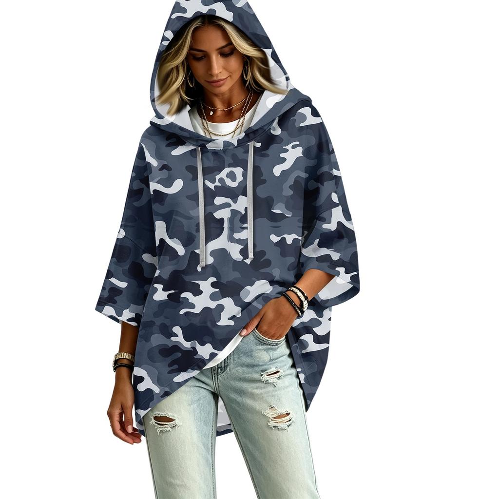 Women's Casual Camouflage Print Hooded Pullover Top with Three-Quarter Sleeves