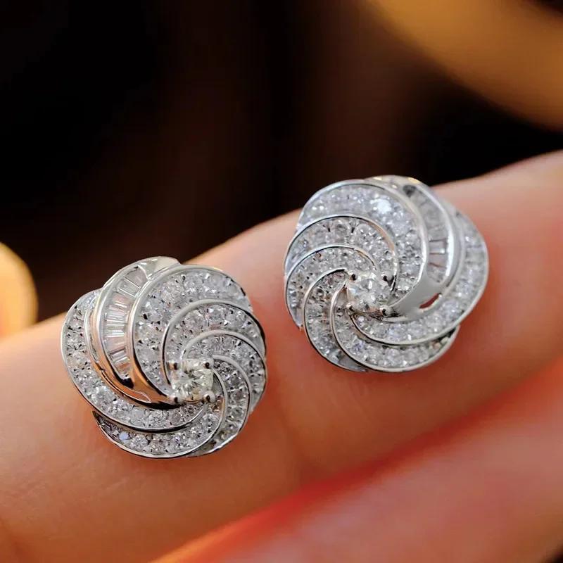 New Fashion Shiny Zirconia Inlaid Rose-shaped Stud Earrings Women's Trend Luxury Copper Earrings Birthday Party Jewellery Gifts