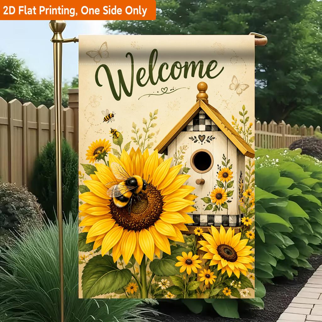 2D Flat, 2D Flat Printing Garden Flag 1pc, Sunflowers And Bee House Durable Single-Sided Print Yard Flag, Garden & Home Holiday Decoration, 29.97x44.9