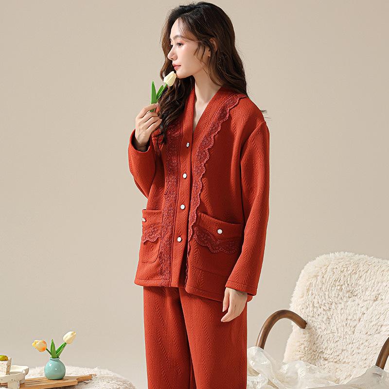 Pajamas Ladies Spring And Autumn Thickened Pure Cotton Long Sleeve Sandwich Air Cotton Autumn And Winter Sandwich Middle-Aged Mom Loungewear