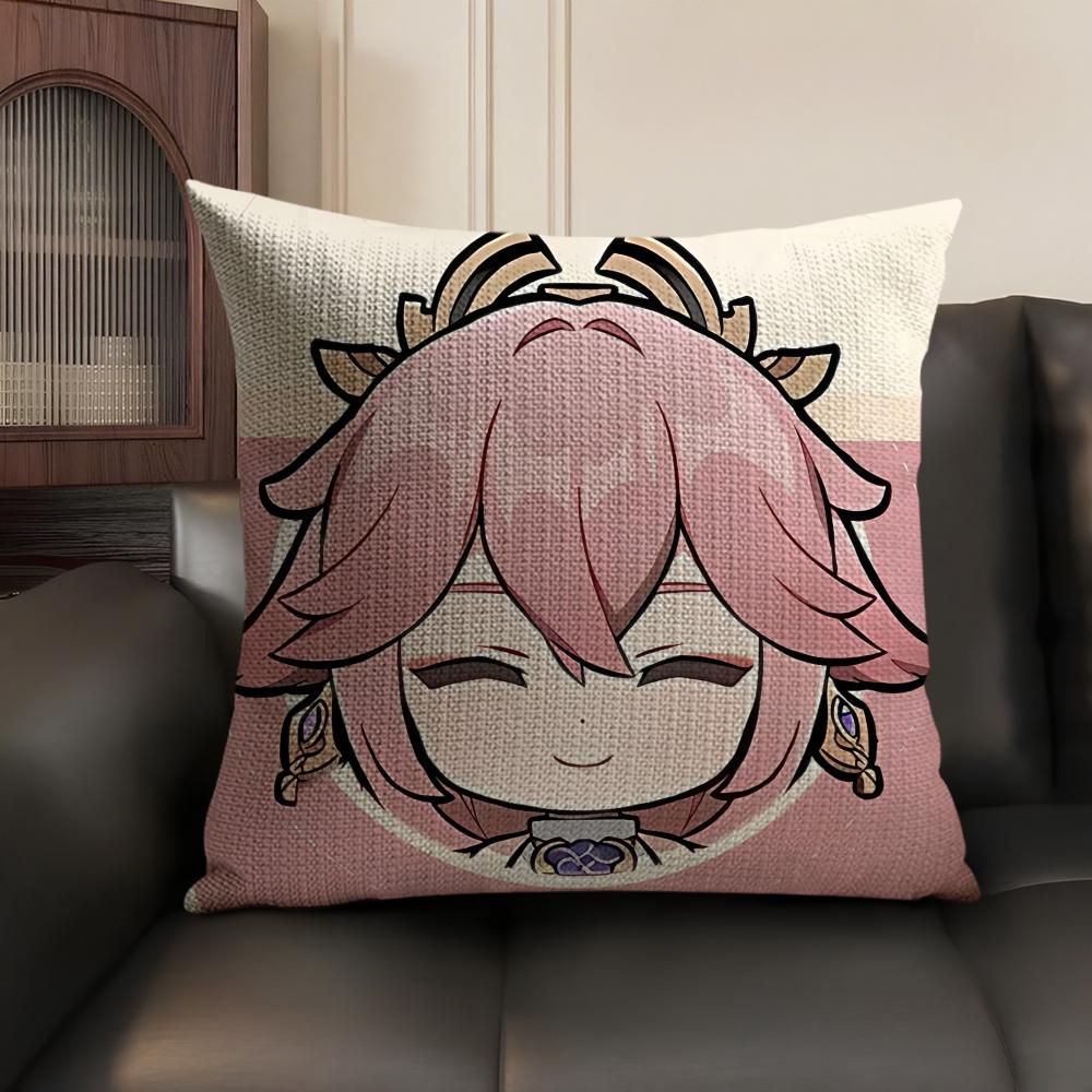 Yae Miko Cute Genshin Impact Cushion Cover Natural Linen Organic Fabric DoubleSided Printing Sofa Home Decor Gift Pillow Case