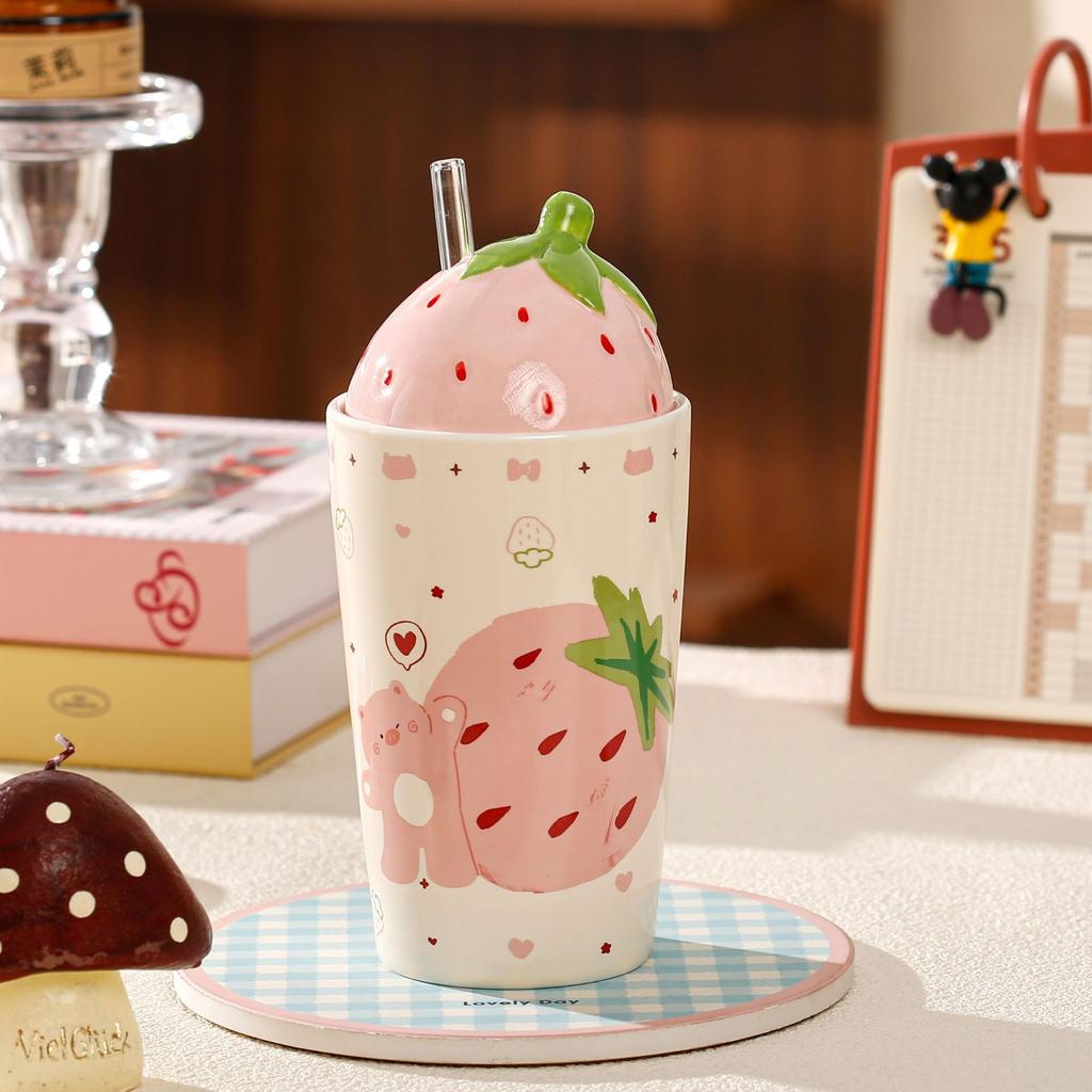 Popular cute strawberry bear ceramic cup creative student mug office large capacity girls water cup souvenir