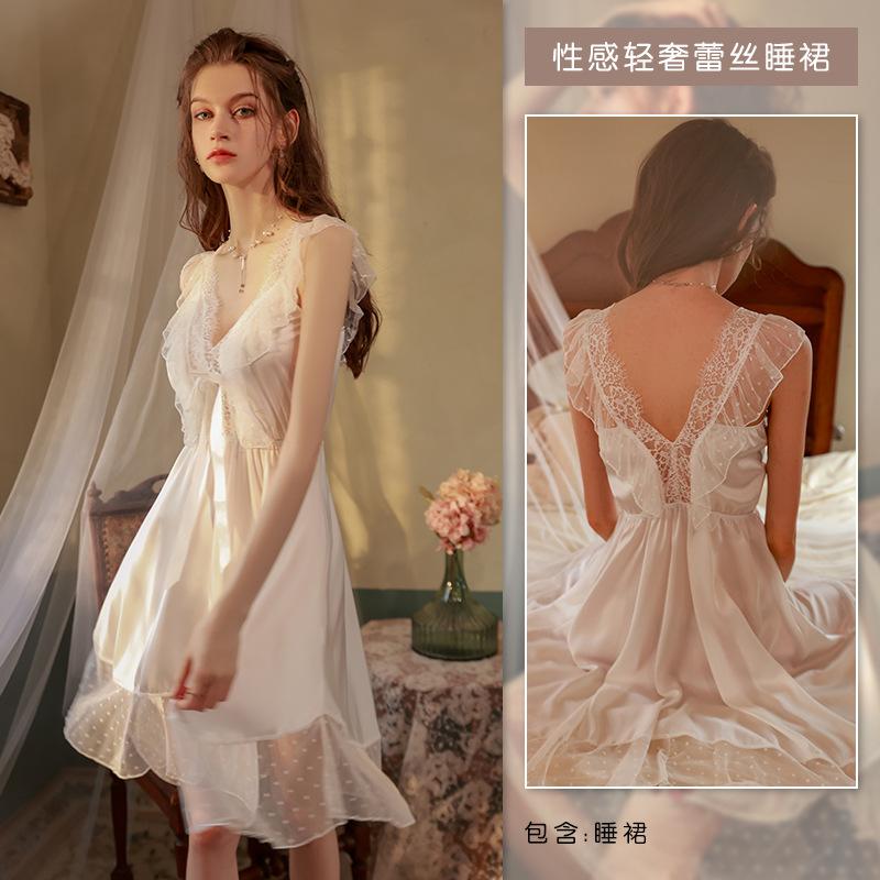 

[Downstream platform explosion] Sexy pajamas women s light luxury ice silk nightgown pure lace loungewear suspender set XL білий