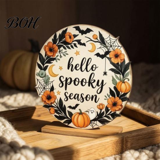 Solid Base Wooden Signs 6Pcs Halloween Decors, Hello Table Topper Signs, Spooky Pumpkin Ghost Truck Indoor Scene Props Tiered Tray Centerpiece,