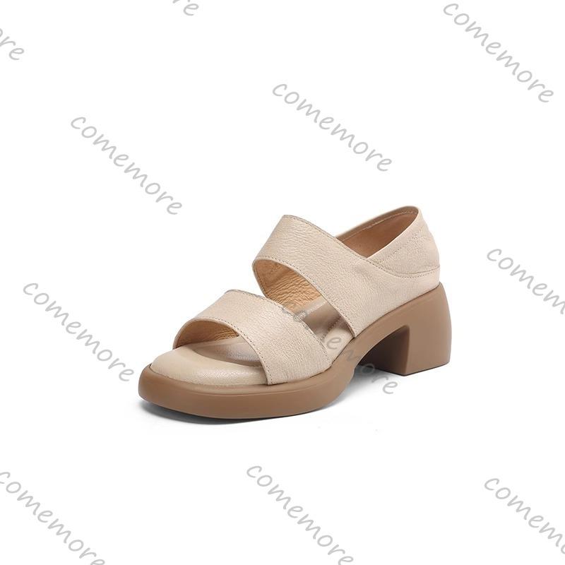 Fashion Comemore Retro Thick Bottom Sandals for Women Apricot Soft Leather 6cm Chunky High Heels Female Shoes Peep Toe Heeled Sandales