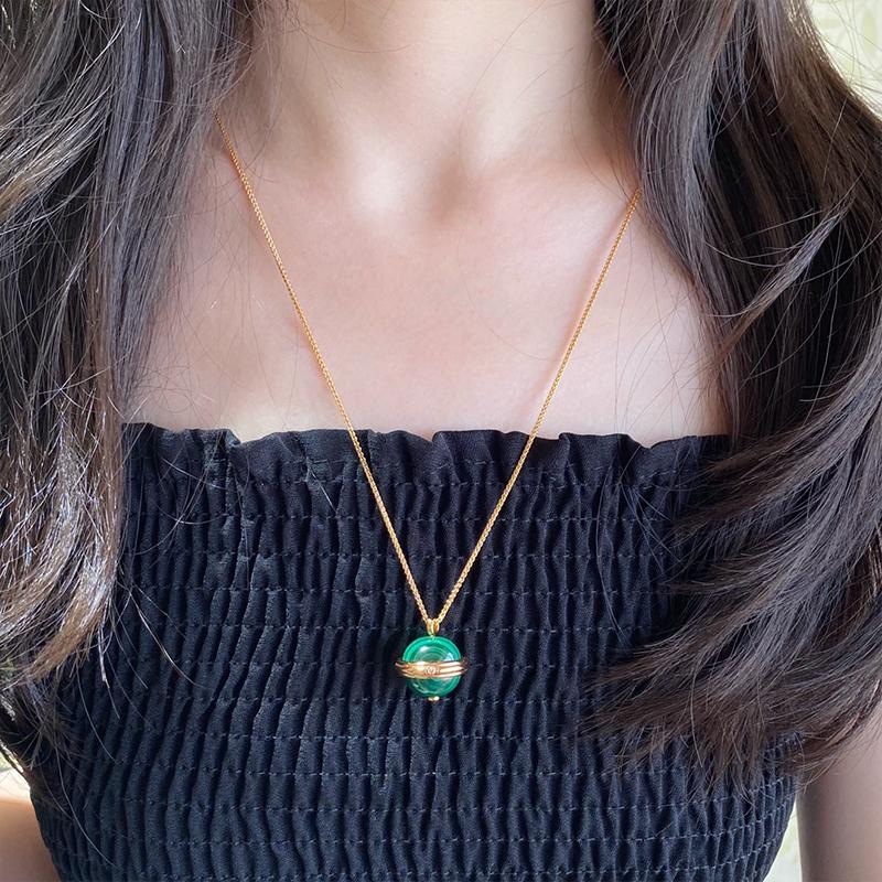 Musla Design Elegant Holiday Gift Natural Malachite Ball Pendant Long Necklace Jewelry for Women Fashion Sweater Chain Accessory