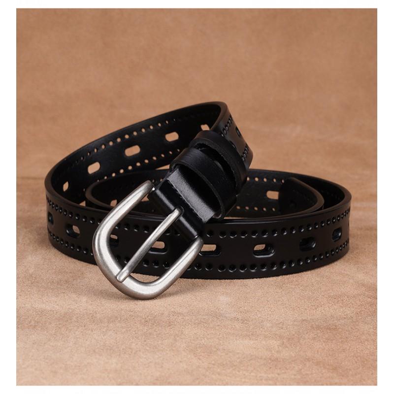 Womens Genuine Leather Belt With Hollow Design Pin Buckle Slim Width Jeans Dress Pants Black Coffee White