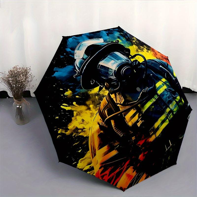 Firefighter, Heroic Automatic folding umbrella simple eight rib design, bright color pattern, durable iron frame, ideal for travel and outd