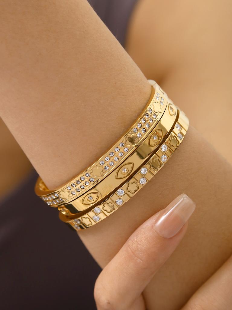 Fashionable And Classic Matching Stainless Steel Four-Leaf Clover, Devil'S Eye, Five-Leaf Clover With Zirconia Snap Bracelet