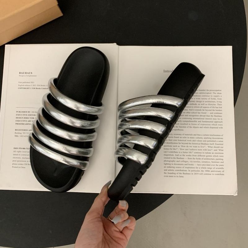 Fashion Platform Slippers Summer New Round Toe Slender Ribbon Platform Anti-Slip Wear-Resistant Flat Roman Shoes