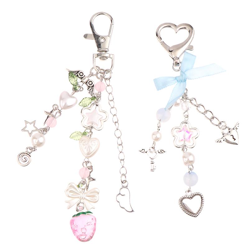 Lace Bowknot Keychain Star Love Bow Strawberry Charm Bag Pendant Keyring Jewelry Bag Decor