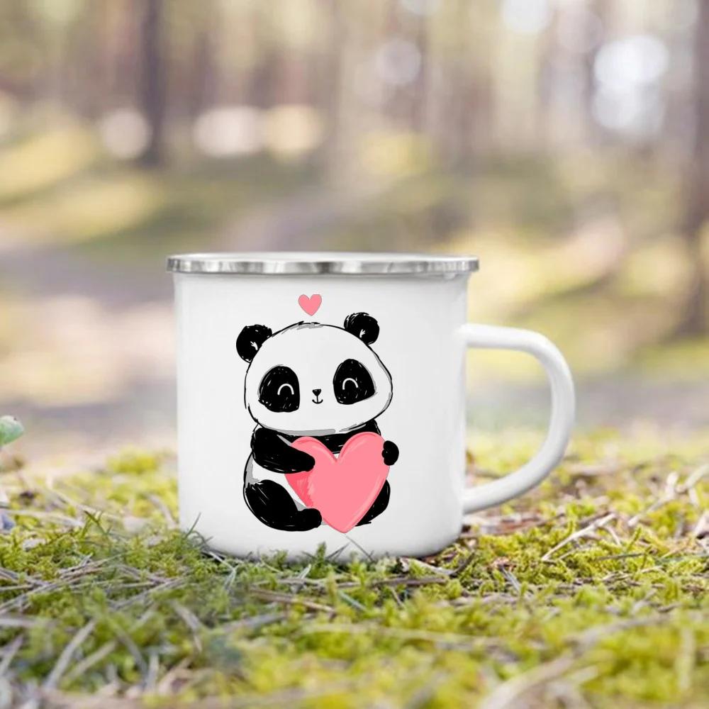 

Кружка эмалированная с креативным принтом панды с цветами, для воды, напитков, десертов, завтрака, молока, детская, с ручкой, подарки на день рождения для детей 360ml