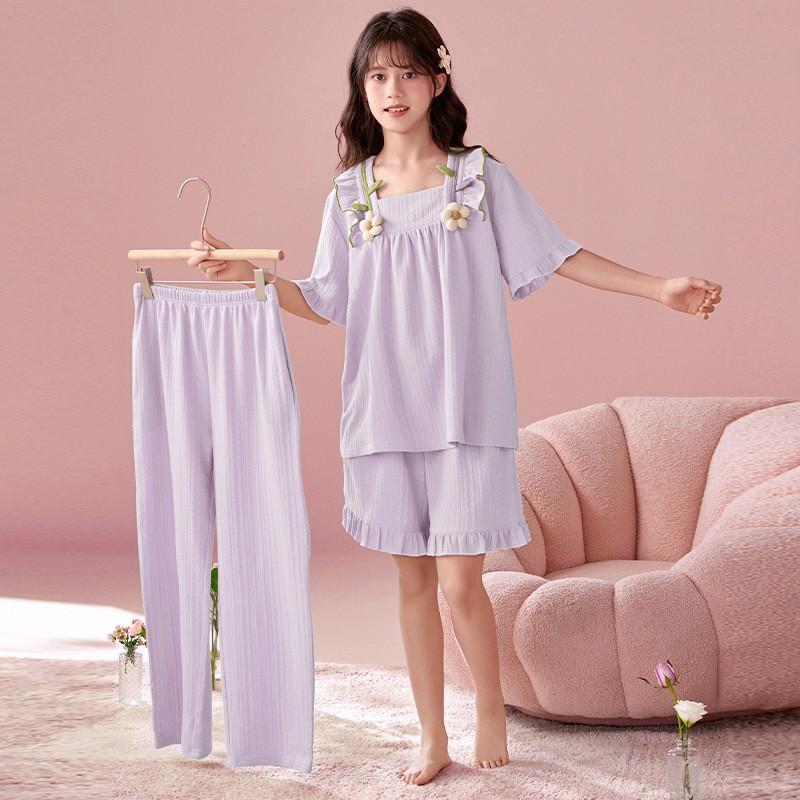 Girls Cotton Pajama Set Short Sleeve Princess Style Sleepwear Kids 8 Years Lightweight Home Wear