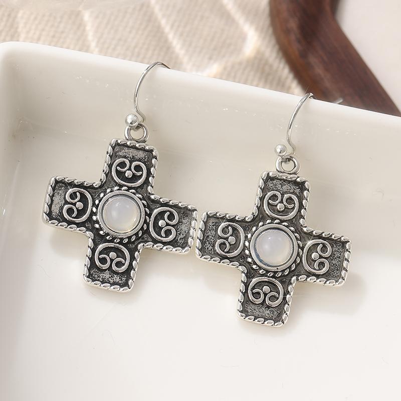 

Bohemian-style Cross Shaped Synthetic Moonlight Stone Dangle Earrings for Women Vintage Handcrarved Pendant Jewelry Accessories WHITE