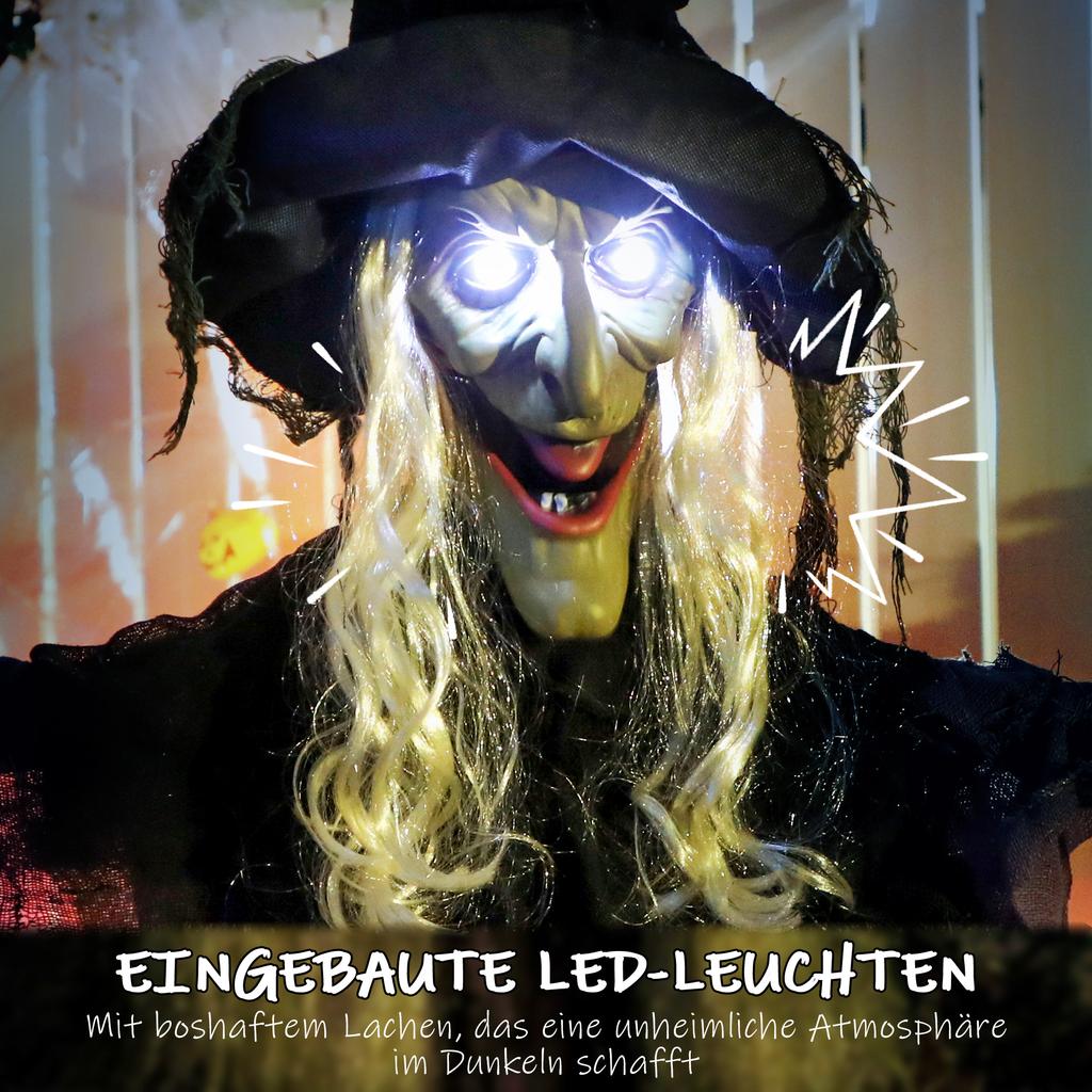 183cm Halloween Decoration Hanging Halloween Witch with LED Lights, Sound Function, Adjustable Arms, Mouth