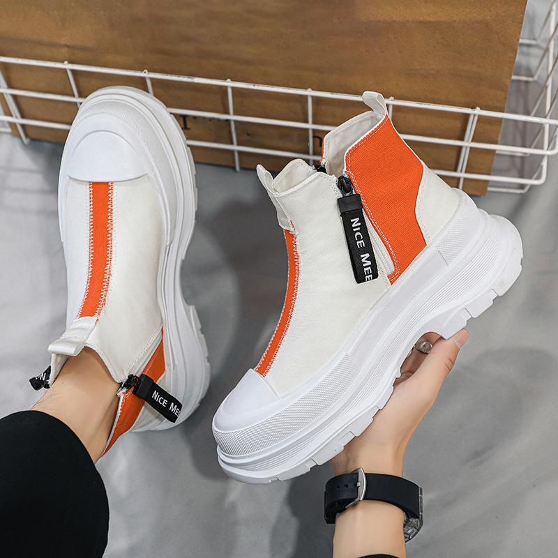 Men Lace Up Round Toe Non Slip Shoes Men Fashion High-top Ankle Shoes Comfortable Canvas Flat Boots Casual Platform Sport Shoes