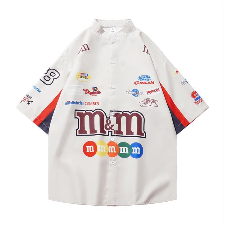 Men's American Retro Hiphop Street Racing Short-Sleeve Summer Shirt - Trendy, Motorcycle-Inspired, Loose, Thin Design