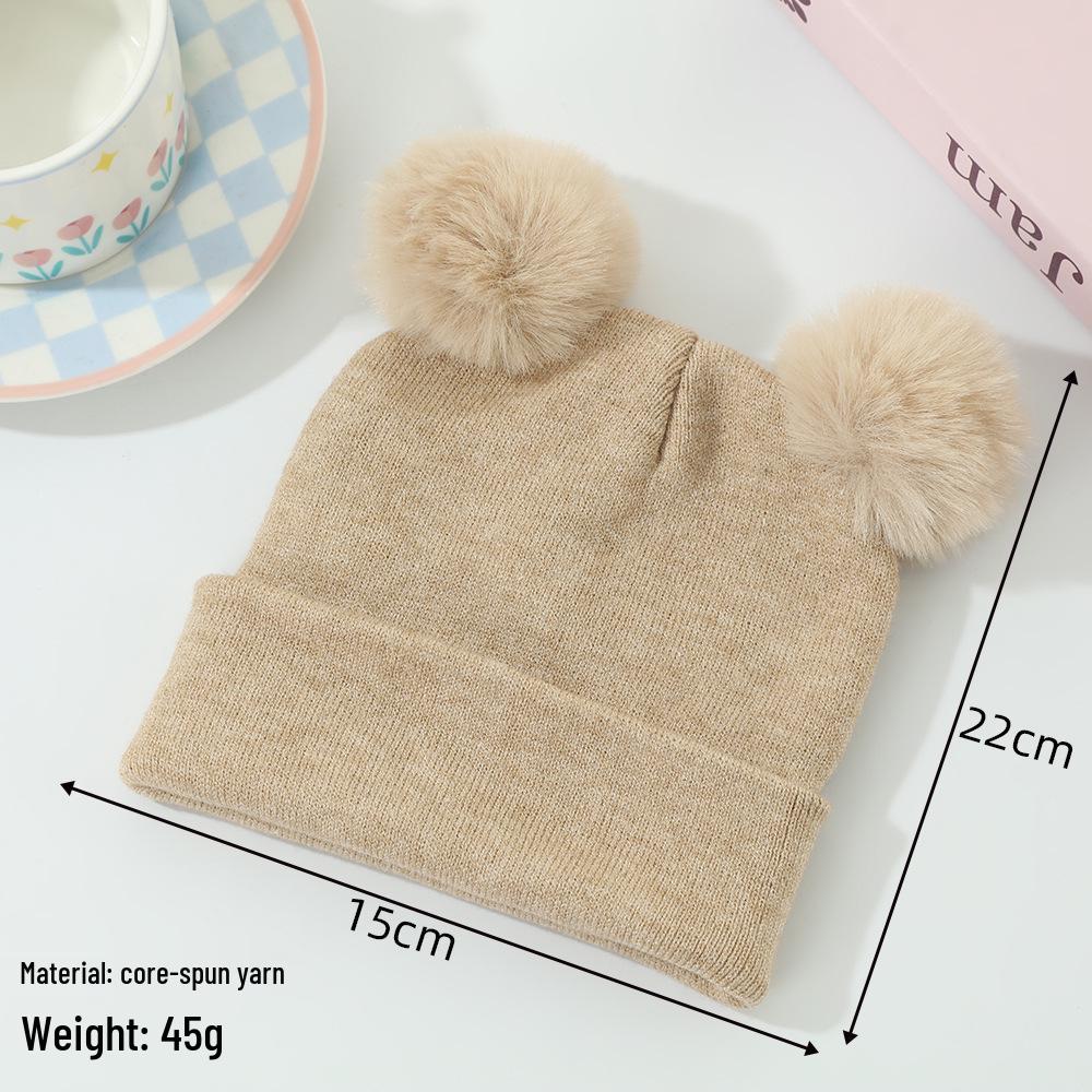 Core-Spun Yarn Double Pom-Pom Thick Knitted Hat for Autumn/Winter - Warm and Cute Style for Kids
