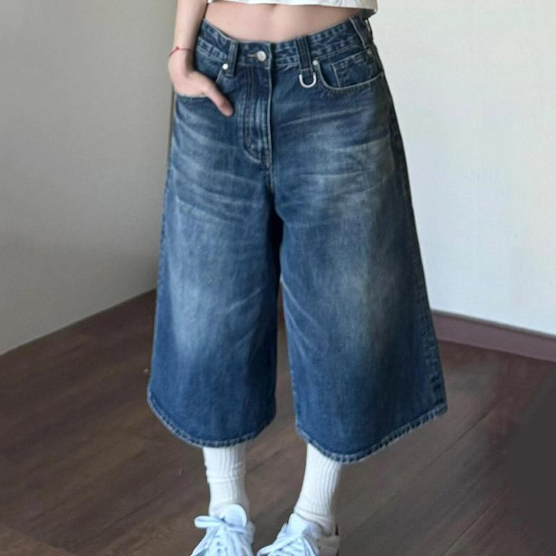 2024 Vintage Wash Whiskers Denim Shorts Women Low Rise Distressed Frayed Wide Leg Baggy Jeans Jorts Casual Summer Clothes