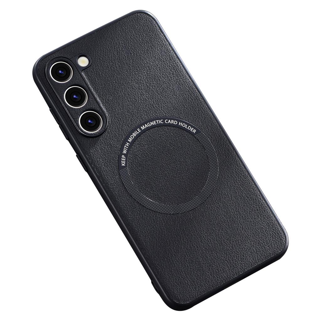 For Samsung Galaxy S23 PU Leather Coated TPU+PC Case Phone Back Cover Compatible with MagSafe Charger